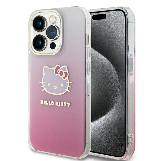 iPhone 15 Pro Kılıf Hello Kitty Orjinal Lisanslı Yazı ve İkonik Logolu Elektroplating Kaplama Gradyan Kapak