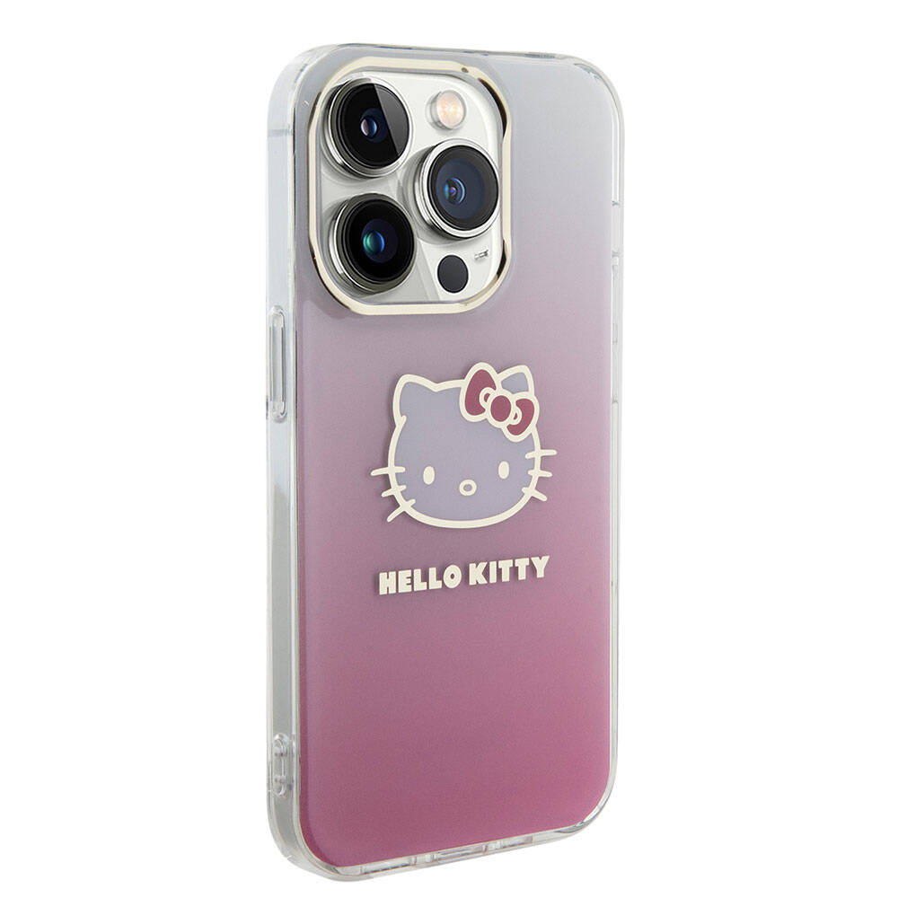 iPhone 15 Pro Kılıf Hello Kitty Orjinal Lisanslı Yazı ve İkonik Logolu Elektroplating Kaplama Gradyan Kapak