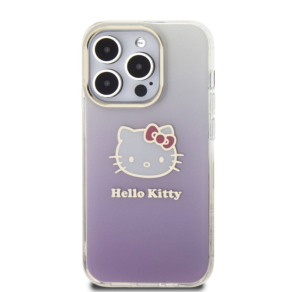 iPhone 15 Pro Kılıf Hello Kitty Orjinal Lisanslı Yazı ve İkonik Logolu Elektroplating Kaplama Gradyan Kapak