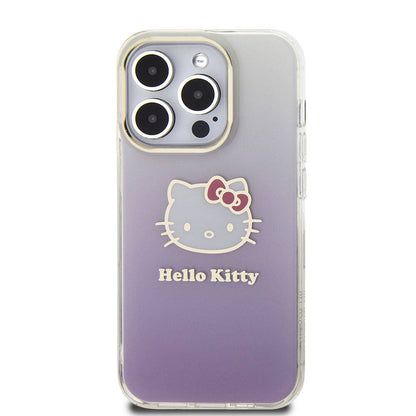 iPhone 15 Pro Kılıf Hello Kitty Orjinal Lisanslı Yazı ve İkonik Logolu Elektroplating Kaplama Gradyan Kapak