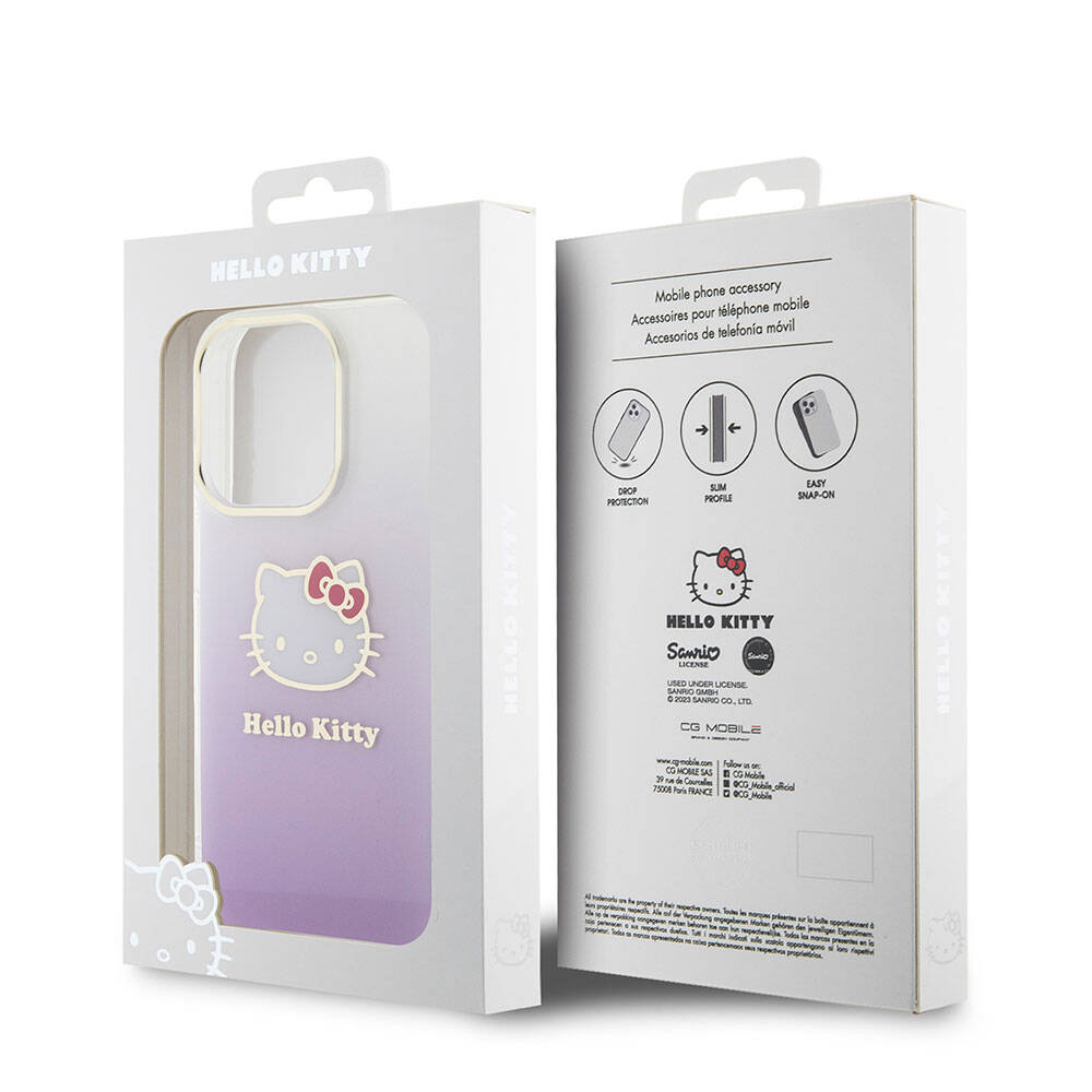 iPhone 15 Pro Kılıf Hello Kitty Orjinal Lisanslı Yazı ve İkonik Logolu Elektroplating Kaplama Gradyan Kapak