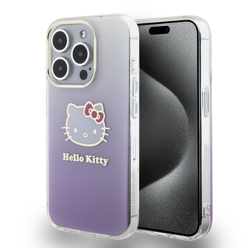 iPhone 15 Pro Kılıf Hello Kitty Orjinal Lisanslı Yazı ve İkonik Logolu Elektroplating Kaplama Gradyan Kapak