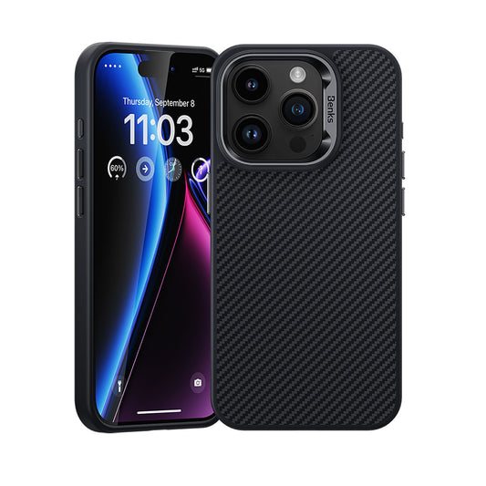 iPhone 15 Pro Kılıf Karbon Fiber M-safe Şarj Özellikli Benks Hybrid ArmorPro 600D Kevlar Kapak