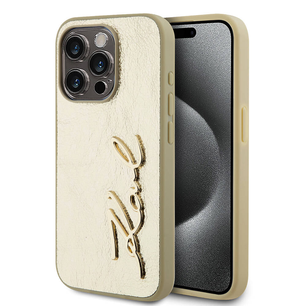 iPhone 15 Pro Kılıf Karl Lagerfeld Orjinal Lisanslı 3D KL Yazılı Tüylü Arka Yüzey Saffiano Rhinestones Kapak