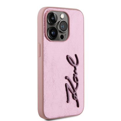 iPhone 15 Pro Kılıf Karl Lagerfeld Orjinal Lisanslı 3D KL Yazılı Tüylü Arka Yüzey Saffiano Rhinestones Kapak
