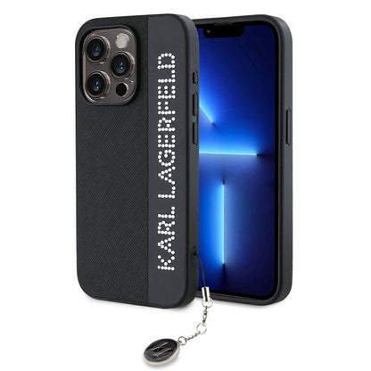 iPhone 15 Pro Kılıf Karl Lagerfeld Orjinal Lisanslı Anahtarlıklı Taşlı KL Yazılı Saffiano Rhinestones Kapak