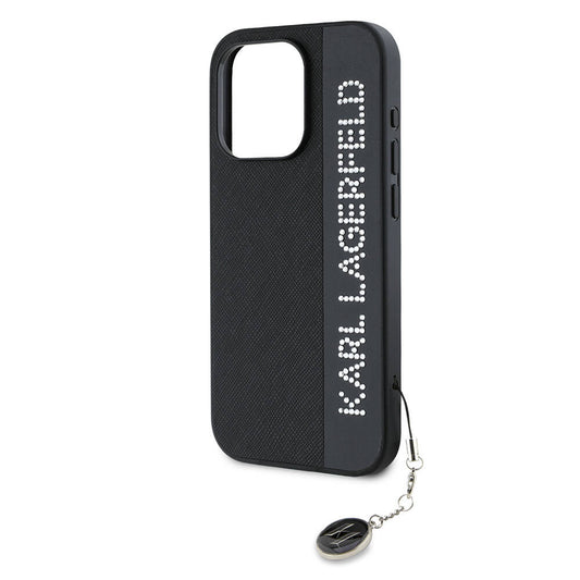 iPhone 15 Pro Kılıf Karl Lagerfeld Orjinal Lisanslı Anahtarlıklı Taşlı KL Yazılı Saffiano Rhinestones Kapak