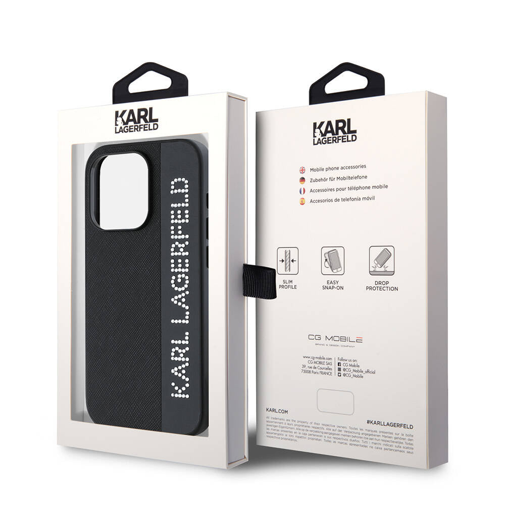 iPhone 15 Pro Kılıf Karl Lagerfeld Orjinal Lisanslı Anahtarlıklı Taşlı KL Yazılı Saffiano Rhinestones Kapak