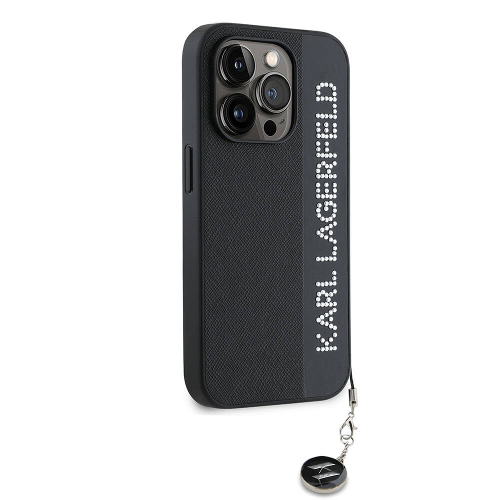 iPhone 15 Pro Kılıf Karl Lagerfeld Orjinal Lisanslı Anahtarlıklı Taşlı KL Yazılı Saffiano Rhinestones Kapak