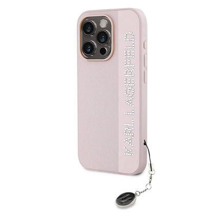 iPhone 15 Pro Kılıf Karl Lagerfeld Orjinal Lisanslı Anahtarlıklı Taşlı KL Yazılı Saffiano Rhinestones Kapak