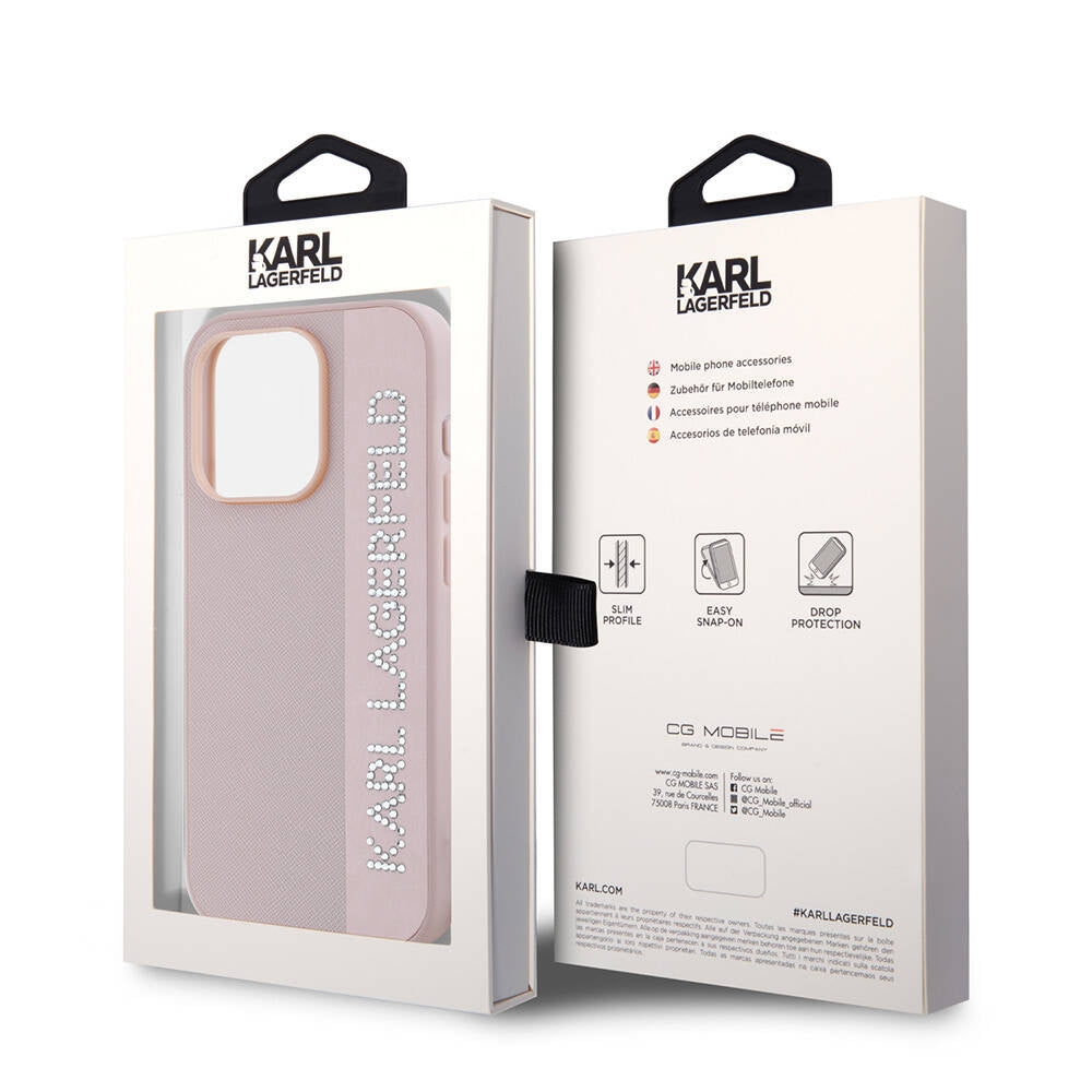 iPhone 15 Pro Kılıf Karl Lagerfeld Orjinal Lisanslı Anahtarlıklı Taşlı KL Yazılı Saffiano Rhinestones Kapak