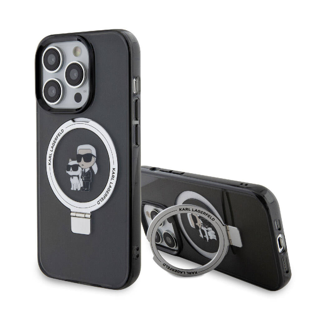 iPhone 15 Pro Kılıf Karl Lagerfeld Orjinal Lisanslı M-safe Şarj Özellikli K&C İkonik Baskılı Ring Standlı Kapak
