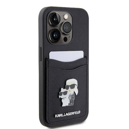 iPhone 15 Pro Kılıf Karl Lagerfeld Orjinal Lisanslı Metal Logo Kartlıklı Saffiano Kapak