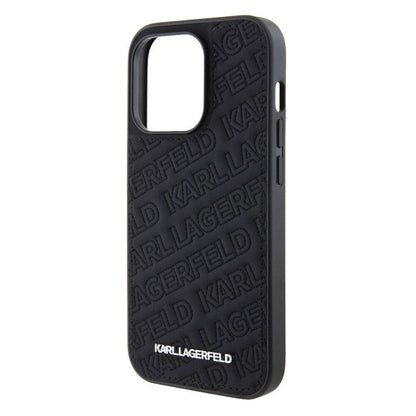 iPhone 15 Pro Kılıf Karl Lagerfeld Orjinal Lisanslı Metal Yazı Logolu Dikişli Logo Arka Yüzey Kapitone Kapak