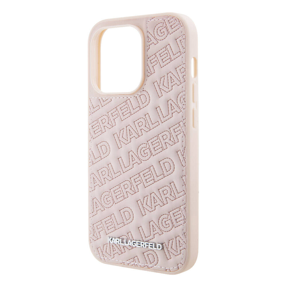 iPhone 15 Pro Kılıf Karl Lagerfeld Orjinal Lisanslı Metal Yazı Logolu Dikişli Logo Arka Yüzey Kapitone Kapak