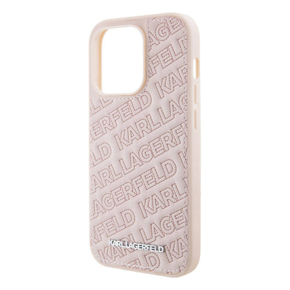 iPhone 15 Pro Kılıf Karl Lagerfeld Orjinal Lisanslı Metal Yazı Logolu Dikişli Logo Arka Yüzey Kapitone Kapak