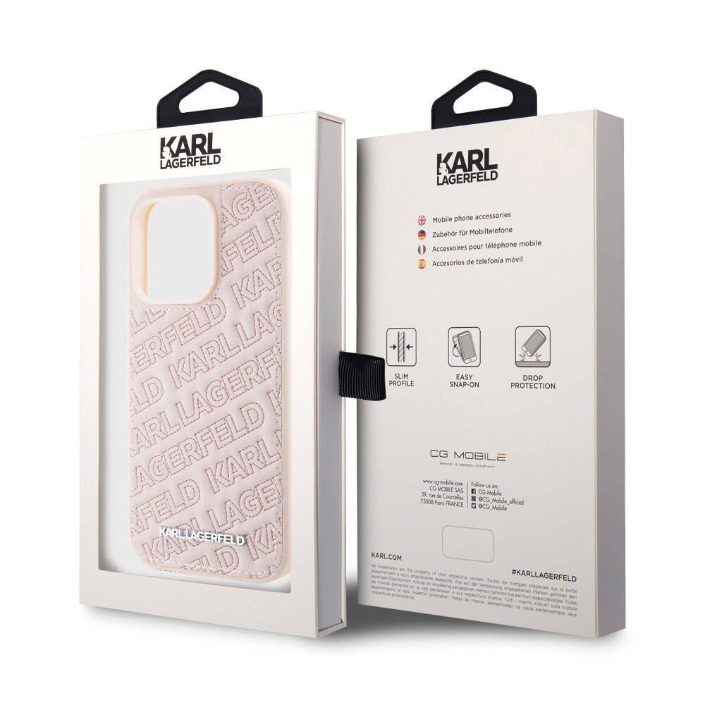 iPhone 15 Pro Kılıf Karl Lagerfeld Orjinal Lisanslı Metal Yazı Logolu Dikişli Logo Arka Yüzey Kapitone Kapak
