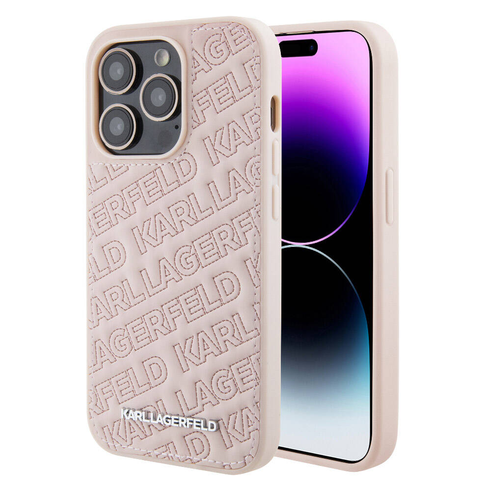 iPhone 15 Pro Kılıf Karl Lagerfeld Orjinal Lisanslı Metal Yazı Logolu Dikişli Logo Arka Yüzey Kapitone Kapak