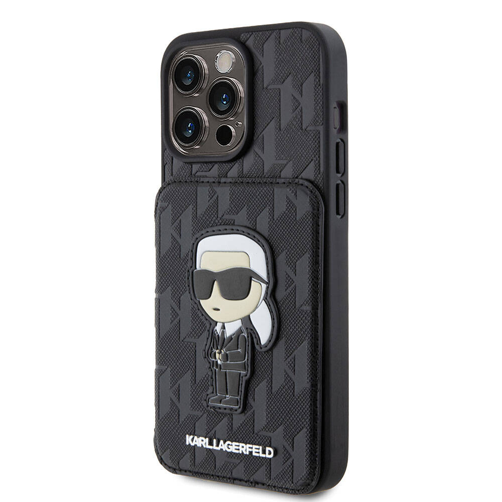 iPhone 15 Pro Kılıf Karl Lagerfeld Standlı Kartlıklı Saffiano Monogram İkonik Metal Logo Orjinal Lisanslı Kapak