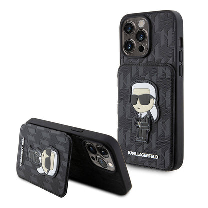 iPhone 15 Pro Kılıf Karl Lagerfeld Standlı Kartlıklı Saffiano Monogram İkonik Metal Logo Orjinal Lisanslı Kapak