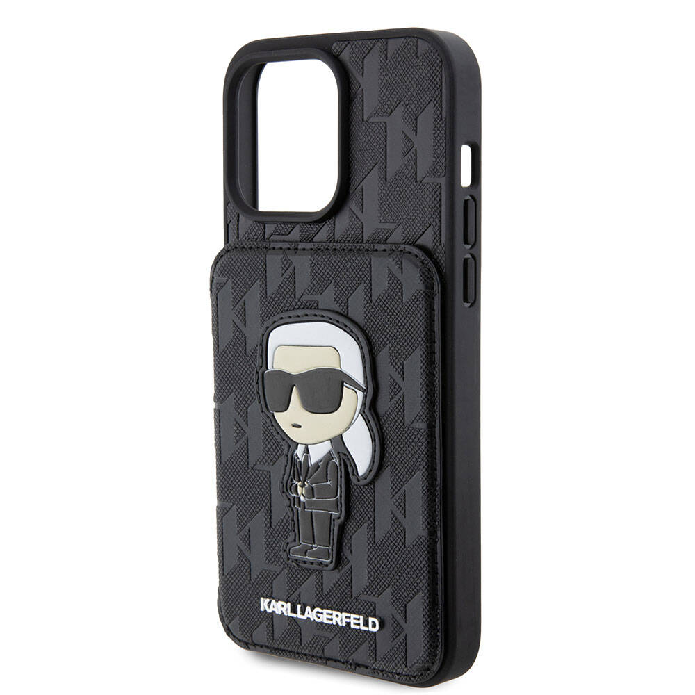 iPhone 15 Pro Kılıf Karl Lagerfeld Standlı Kartlıklı Saffiano Monogram İkonik Metal Logo Orjinal Lisanslı Kapak
