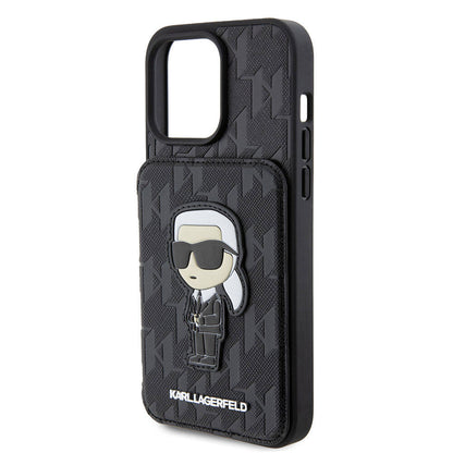 iPhone 15 Pro Kılıf Karl Lagerfeld Standlı Kartlıklı Saffiano Monogram İkonik Metal Logo Orjinal Lisanslı Kapak