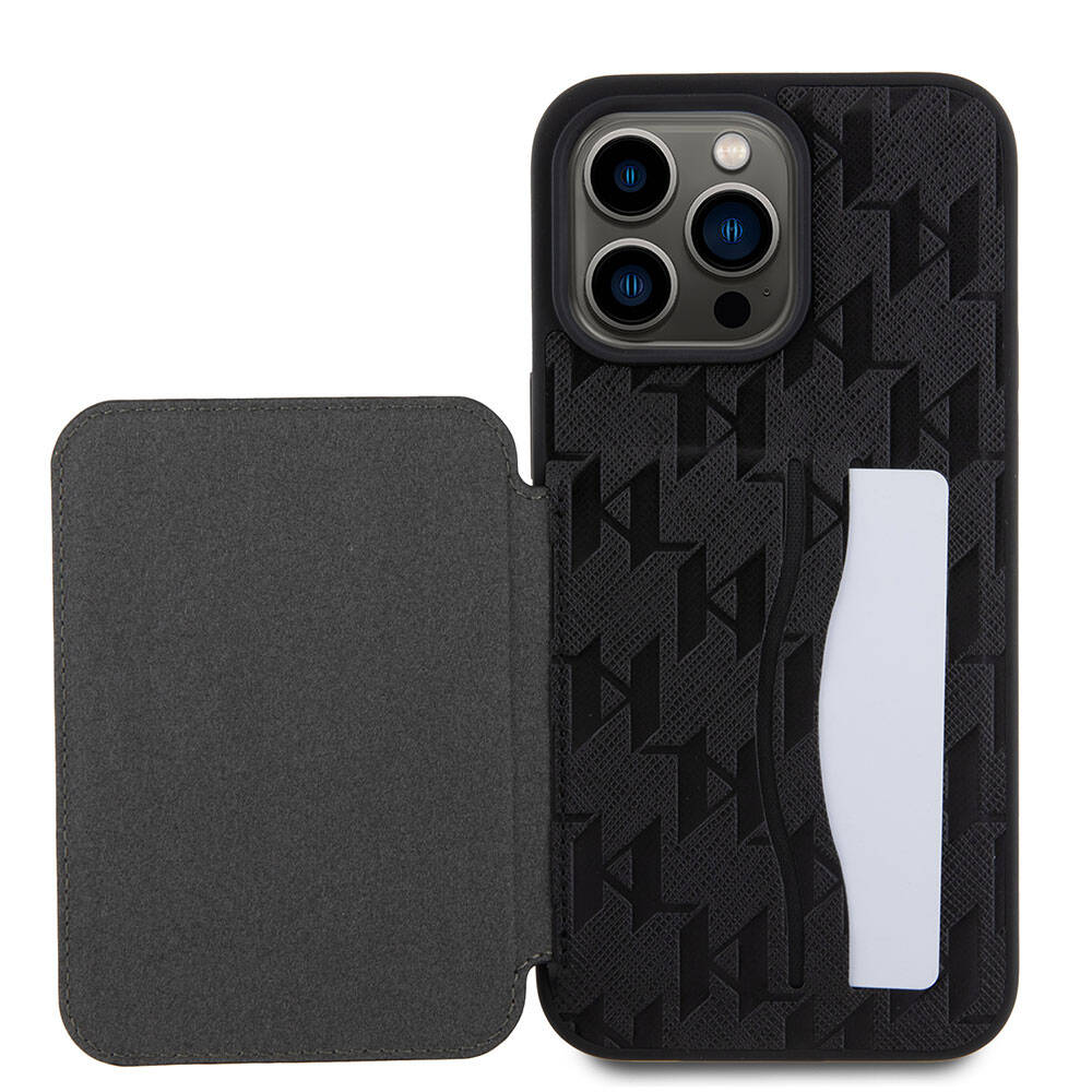 iPhone 15 Pro Kılıf Karl Lagerfeld Standlı Kartlıklı Saffiano Monogram İkonik Metal Logo Orjinal Lisanslı Kapak