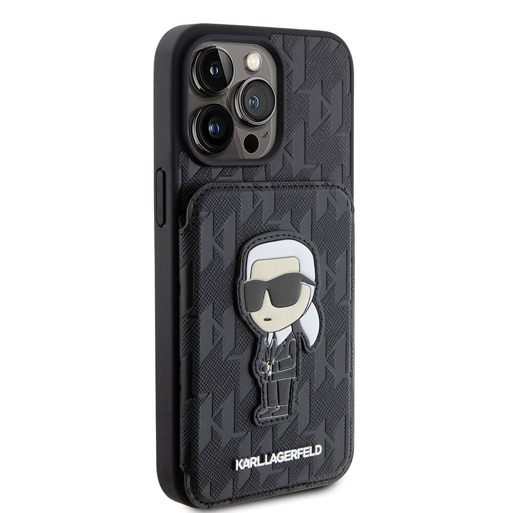iPhone 15 Pro Kılıf Karl Lagerfeld Standlı Kartlıklı Saffiano Monogram İkonik Metal Logo Orjinal Lisanslı Kapak