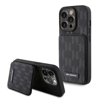 iPhone 15 Pro Kılıf Karl Lagerfeld Standlı Kartlıklı Saffiano Monogram Metal Logo Orjinal Lisanslı Kapak