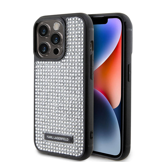 iPhone 15 Pro Kılıf Karl Lagerfeld Taşlı Metal Logo Orjinal Lisanslı Kapak