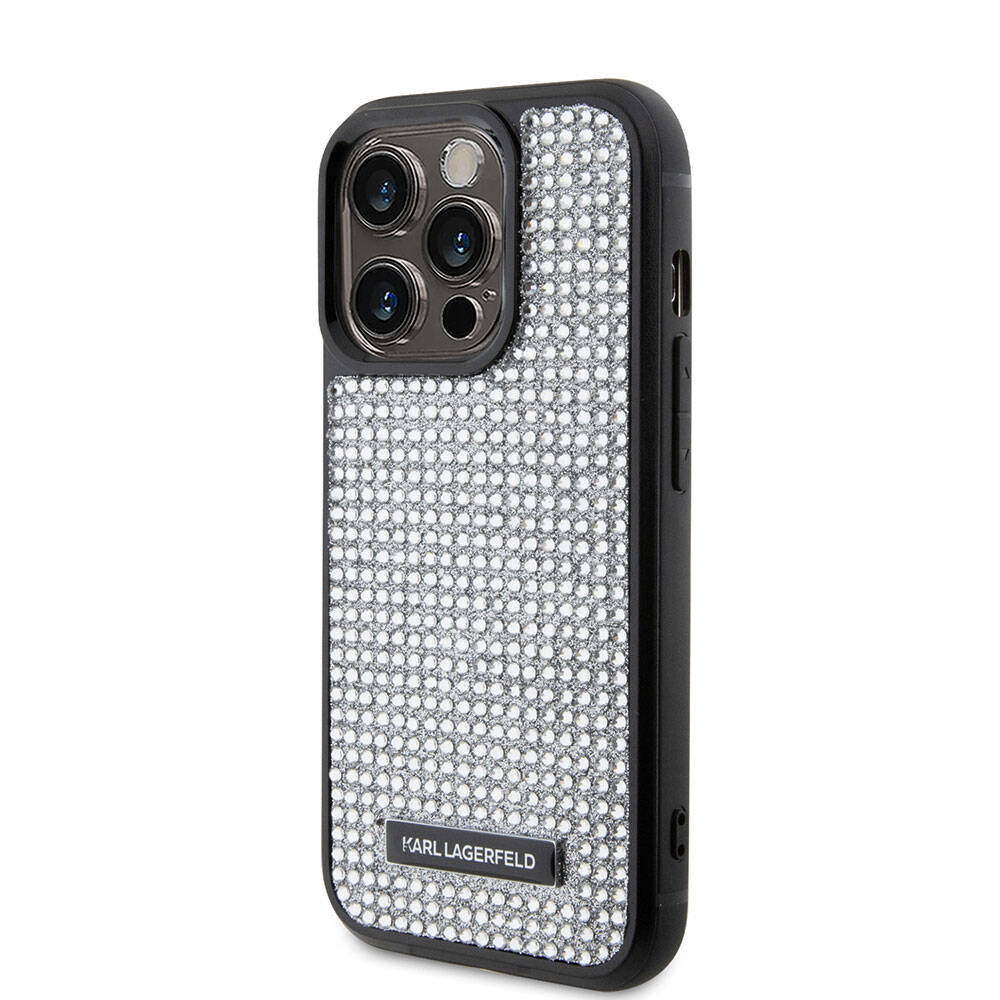 iPhone 15 Pro Kılıf Karl Lagerfeld Taşlı Metal Logo Orjinal Lisanslı Kapak