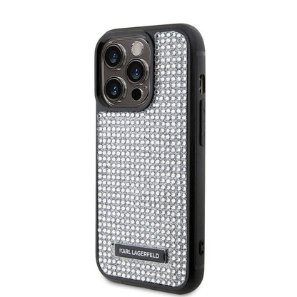 iPhone 15 Pro Kılıf Karl Lagerfeld Taşlı Metal Logo Orjinal Lisanslı Kapak