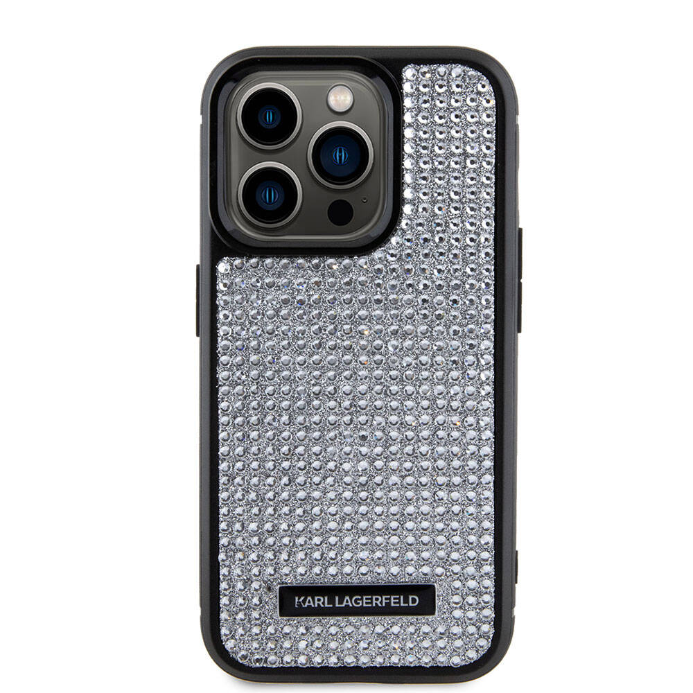 iPhone 15 Pro Kılıf Karl Lagerfeld Taşlı Metal Logo Orjinal Lisanslı Kapak