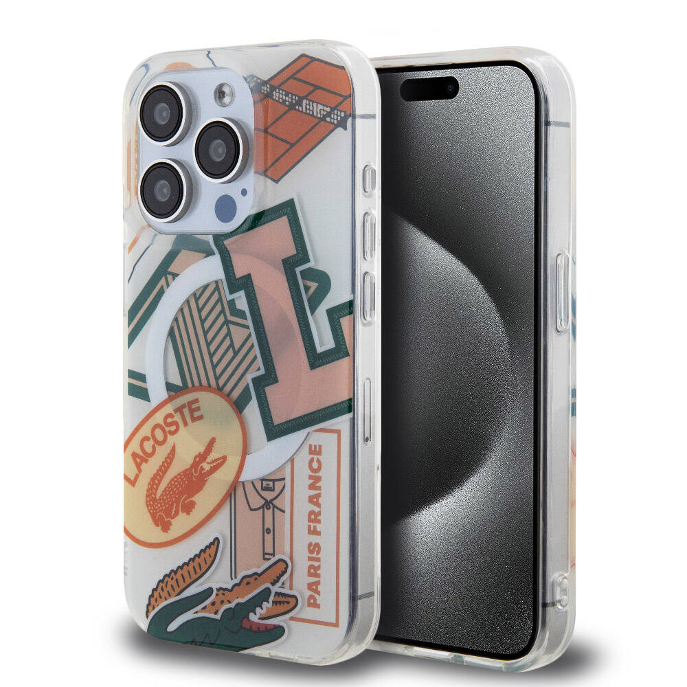 iPhone 15 Pro Kılıf Lacoste Orjinal Lisanslı M-safe Şarj Özellikli Çift Katmanlı Yamalar Desenli Kapak