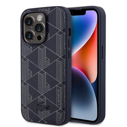 iPhone 15 Pro Kılıf Lacoste Orjinal Lisanslı M-safe Şarj Özellikli PU Deri Görünümlü Karışık Monogram Desenli Kapak