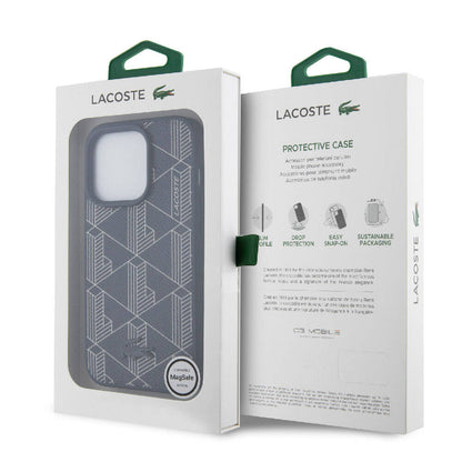 iPhone 15 Pro Kılıf Lacoste Orjinal Lisanslı M-safe Şarj Özellikli PU Deri Görünümlü Karışık Monogram Desenli Kapak