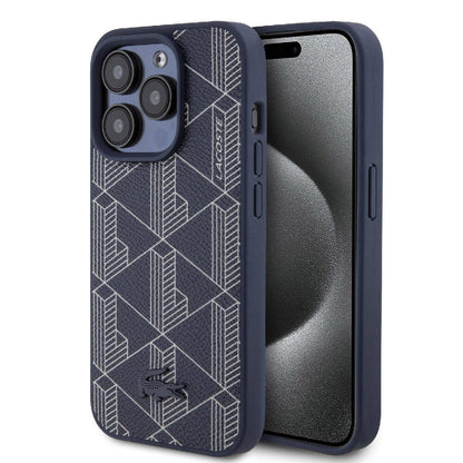 iPhone 15 Pro Kılıf Lacoste Orjinal Lisanslı M-safe Şarj Özellikli PU Deri Görünümlü Karışık Monogram Desenli Kapak