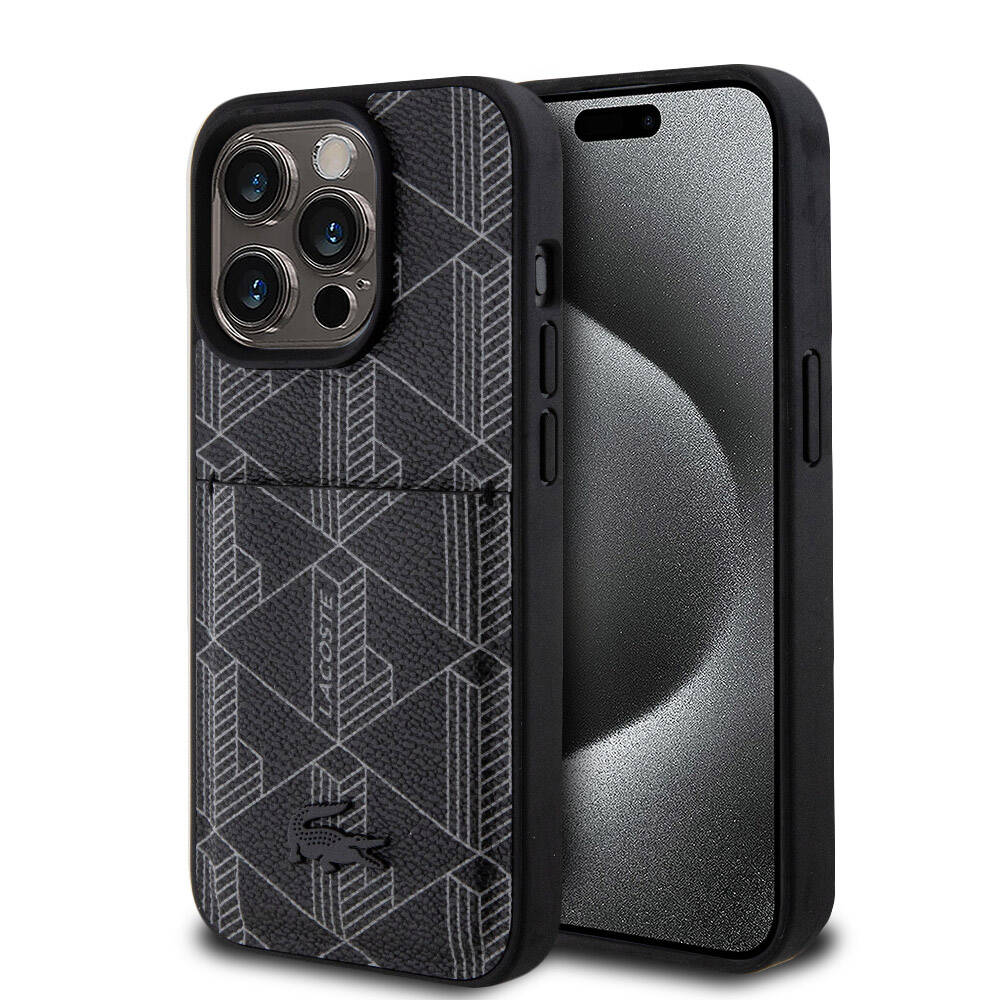 iPhone 15 Pro Kılıf Lacoste Orjinal Lisanslı M-safe Şarj Özellikli PU Deri Görünümlü Kartlıklı Karışık Monogram Desenli Kapak