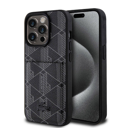 iPhone 15 Pro Kılıf Lacoste Orjinal Lisanslı M-safe Şarj Özellikli PU Deri Görünümlü Kartlıklı Karışık Monogram Desenli Kapak