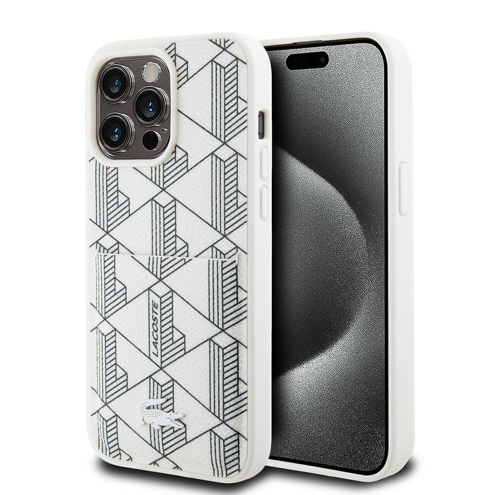 iPhone 15 Pro Kılıf Lacoste Orjinal Lisanslı M-safe Şarj Özellikli PU Deri Görünümlü Kartlıklı Karışık Monogram Desenli Kapak