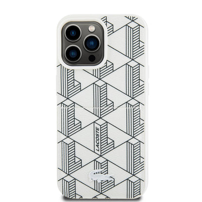 iPhone 15 Pro Kılıf Lacoste Orjinal Lisanslı M-safe Şarj Özellikli PU Deri Görünümlü Kartlıklı Karışık Monogram Desenli Kapak