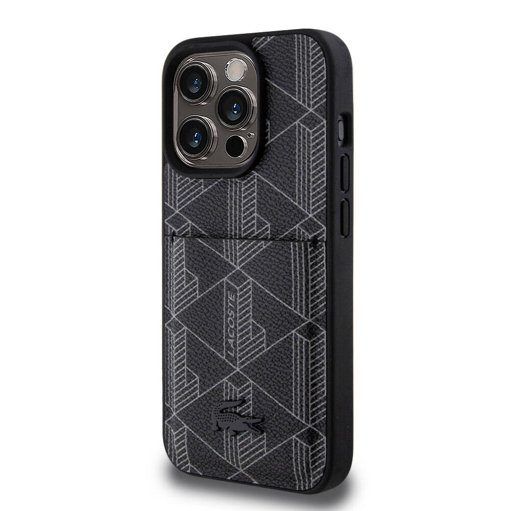 iPhone 15 Pro Kılıf Lacoste Orjinal Lisanslı M-safe Şarj Özellikli PU Deri Görünümlü Kartlıklı Karışık Monogram Desenli Kapak