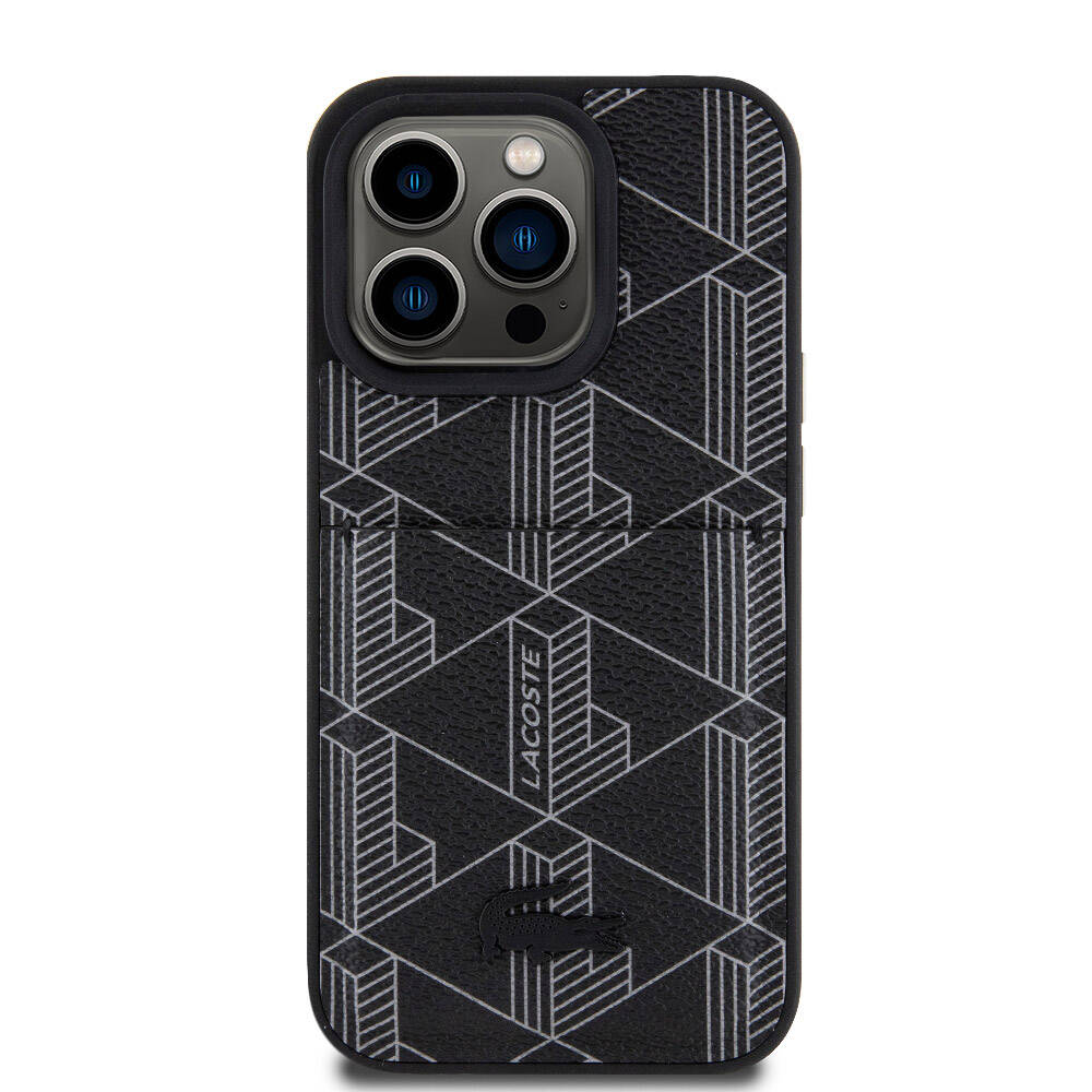 iPhone 15 Pro Kılıf Lacoste Orjinal Lisanslı M-safe Şarj Özellikli PU Deri Görünümlü Kartlıklı Karışık Monogram Desenli Kapak