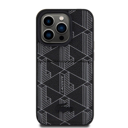 iPhone 15 Pro Kılıf Lacoste Orjinal Lisanslı M-safe Şarj Özellikli PU Deri Görünümlü Kartlıklı Karışık Monogram Desenli Kapak