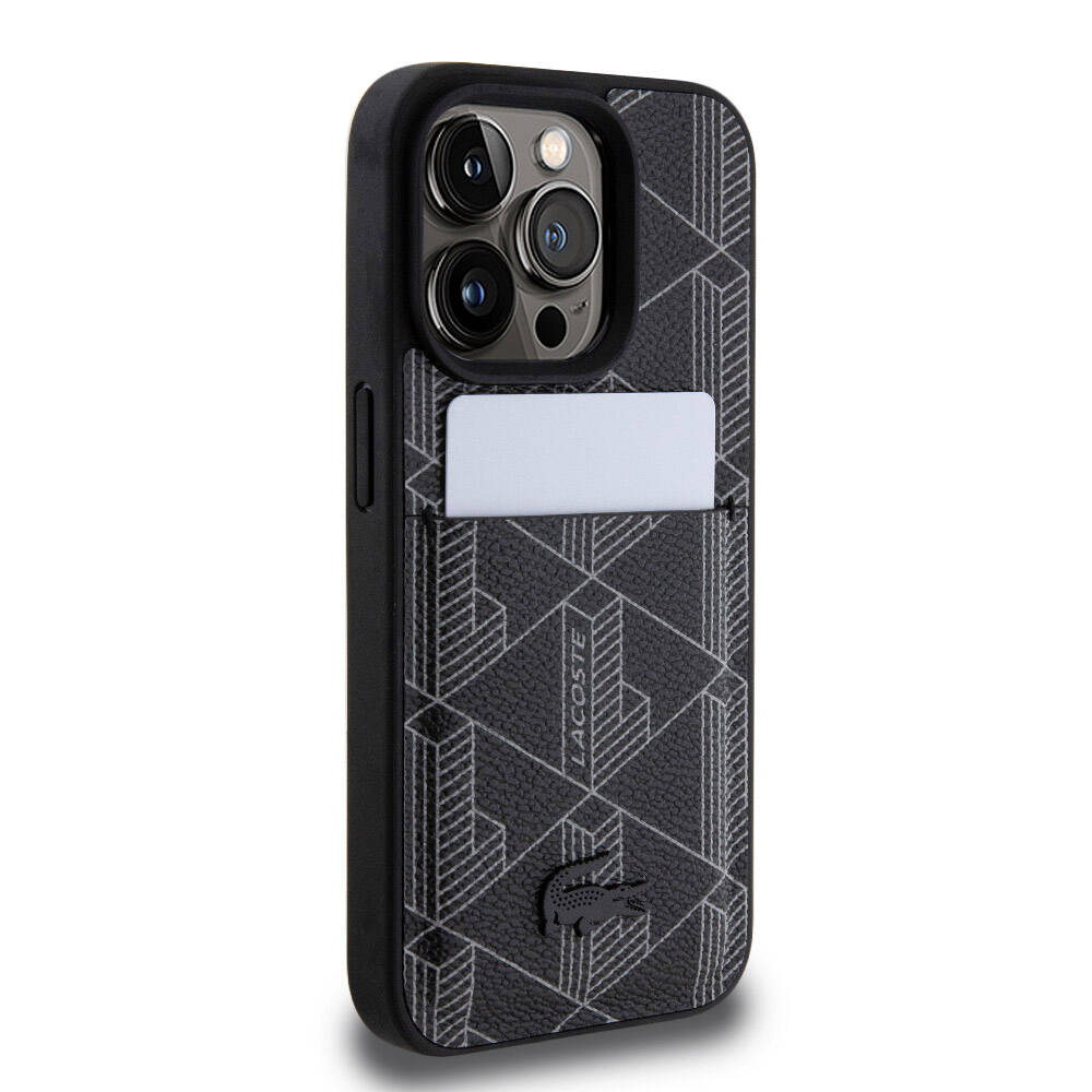 iPhone 15 Pro Kılıf Lacoste Orjinal Lisanslı M-safe Şarj Özellikli PU Deri Görünümlü Kartlıklı Karışık Monogram Desenli Kapak