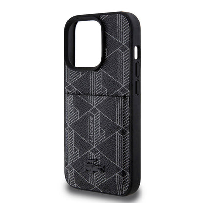 iPhone 15 Pro Kılıf Lacoste Orjinal Lisanslı M-safe Şarj Özellikli PU Deri Görünümlü Kartlıklı Karışık Monogram Desenli Kapak