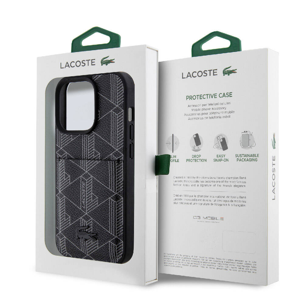 iPhone 15 Pro Kılıf Lacoste Orjinal Lisanslı M-safe Şarj Özellikli PU Deri Görünümlü Kartlıklı Karışık Monogram Desenli Kapak