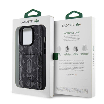 iPhone 15 Pro Kılıf Lacoste Orjinal Lisanslı M-safe Şarj Özellikli PU Deri Görünümlü Kartlıklı Karışık Monogram Desenli Kapak