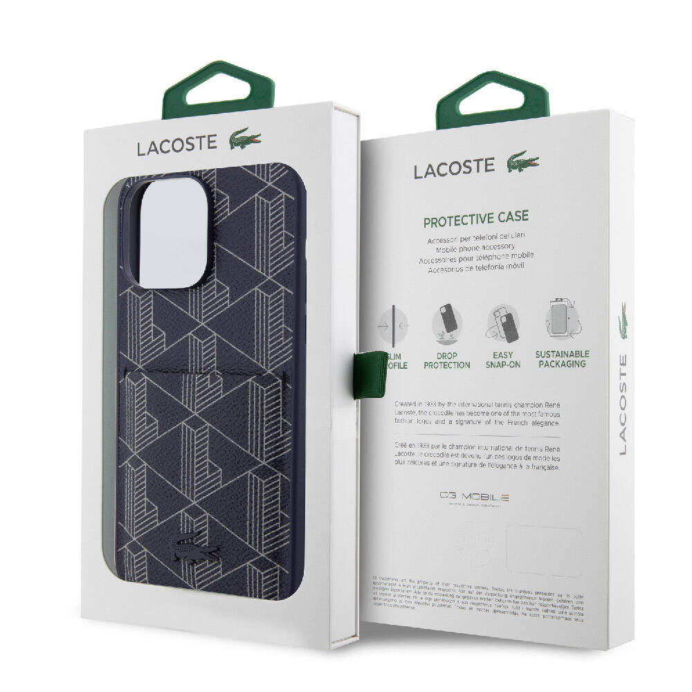 iPhone 15 Pro Kılıf Lacoste Orjinal Lisanslı M-safe Şarj Özellikli PU Deri Görünümlü Kartlıklı Karışık Monogram Desenli Kapak