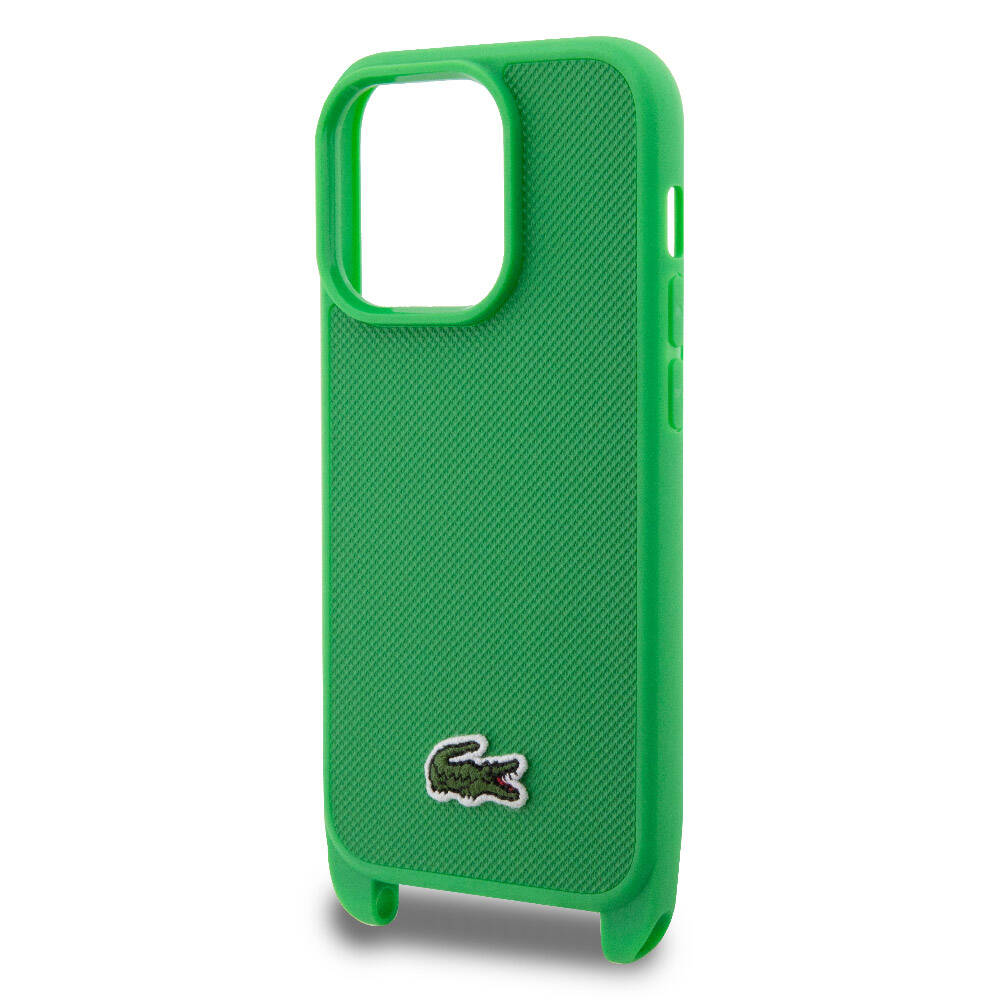 iPhone 15 Pro Kılıf Lacoste Orjinal Lisanslı PU Pike Desenli Arka Yüzey Askılı İkonik Timsah Dokuma Logolu Kapak